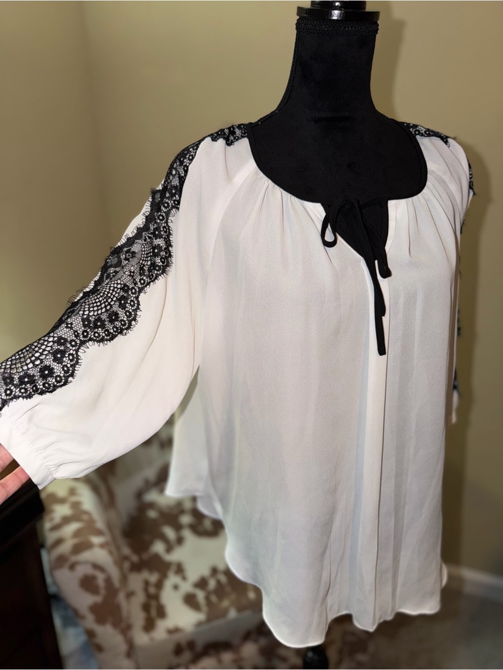 Cream Peasant Blouse with Black Lace Shoulder Detail